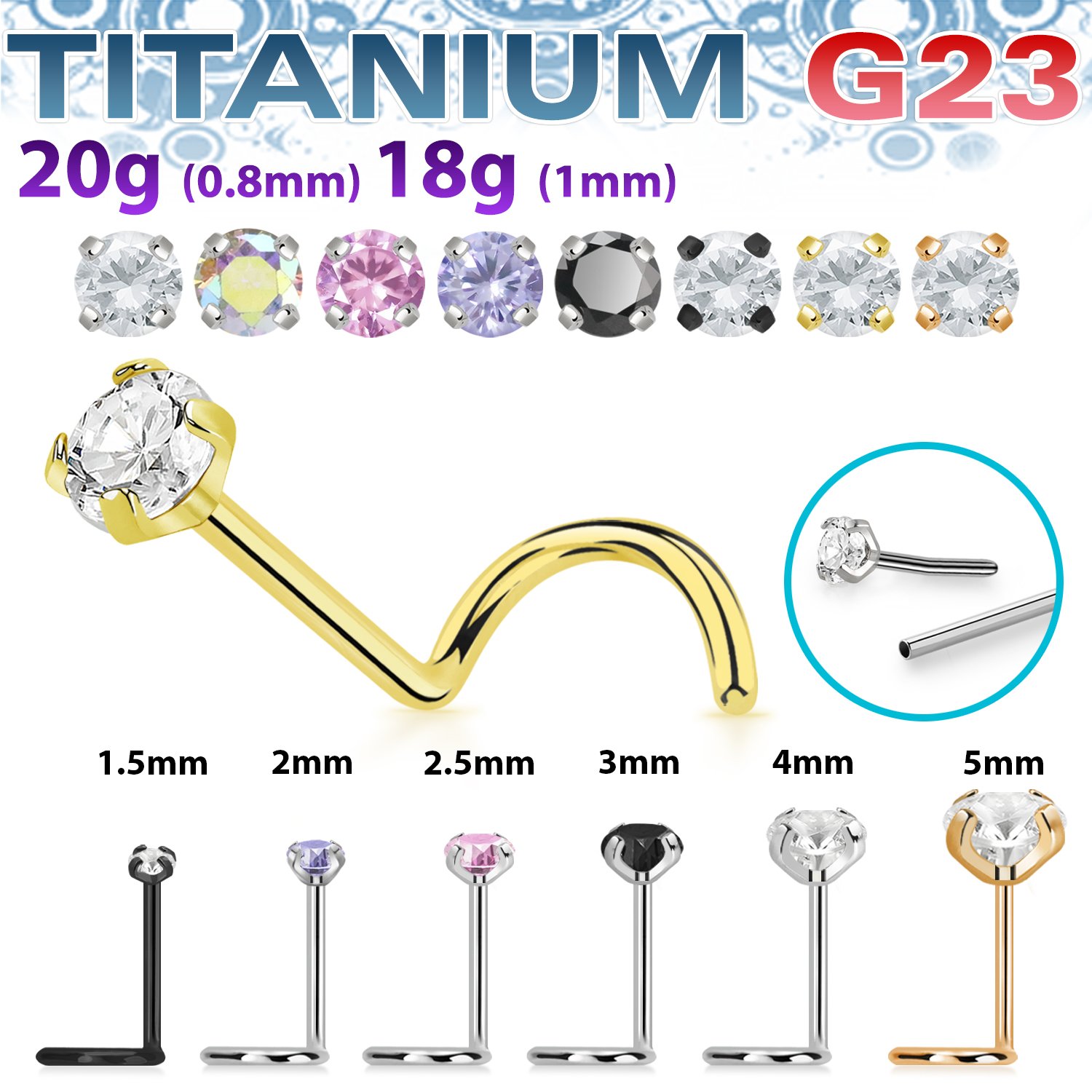 Titan Nasenstecker "Cubic Zirconia", Push Fit